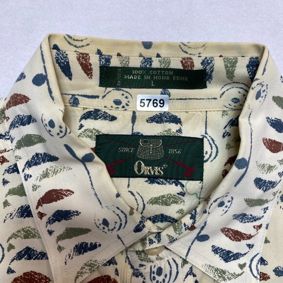 Vintage Orvis Shirt Men's L Beige Short Sleeve Whale All Over Print Button Up - Picture 2 of 12